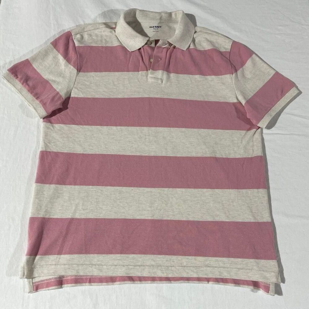 Old Navy Pink & Cream Rugby Stripe Polo Shirt Size L Classic Fit Preppy Pique
